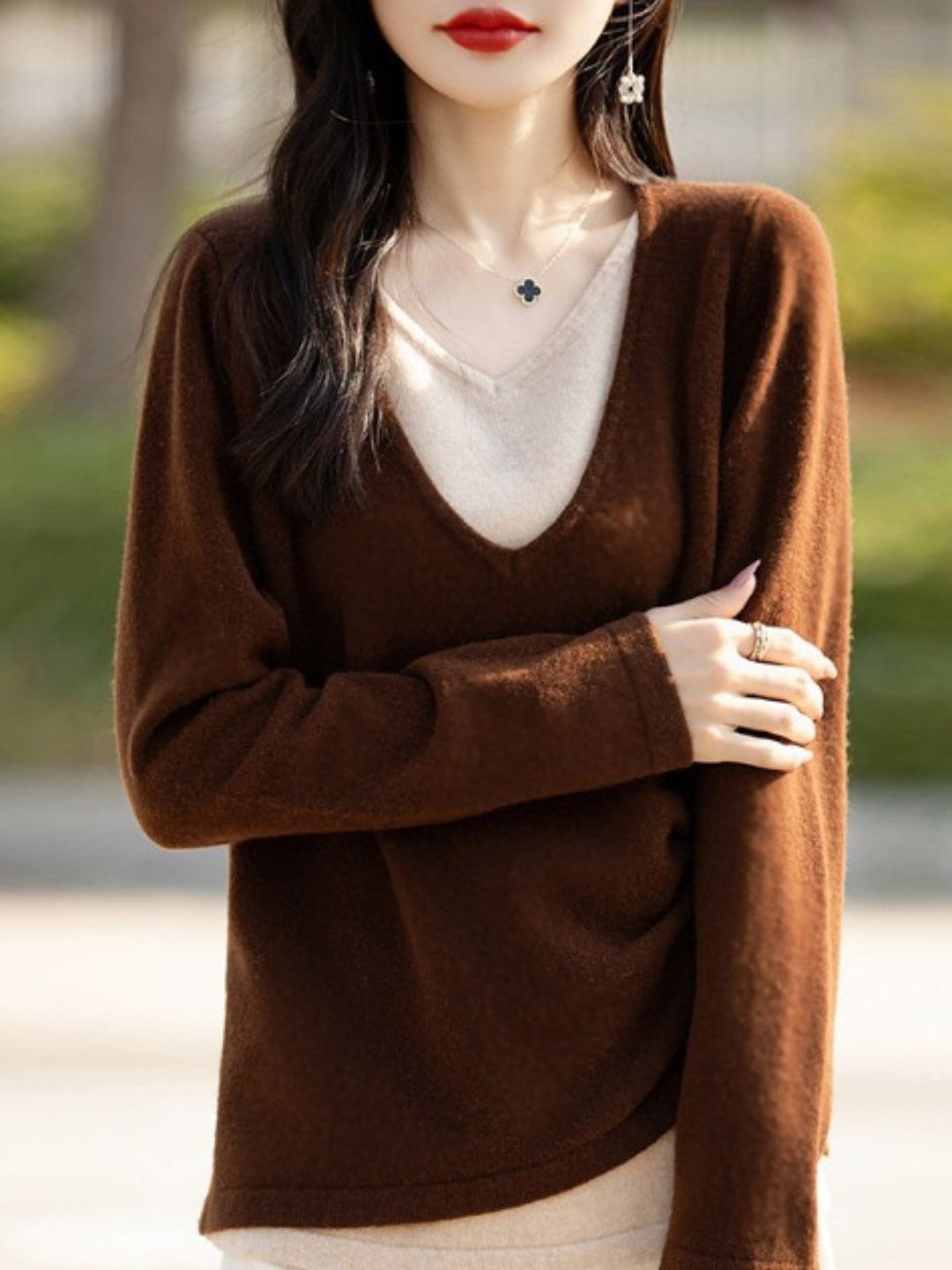 Temperament V-neck Drawstring Sweater - Red