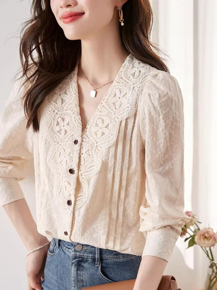 V-neck Lace Shirt Long Sleeve Top