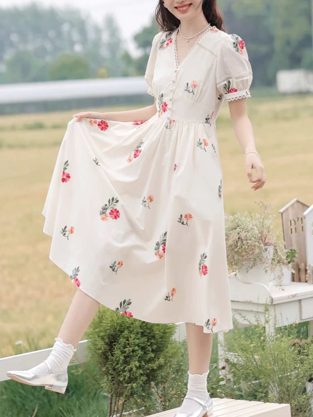 V-neck Floral Embroidered  Dress