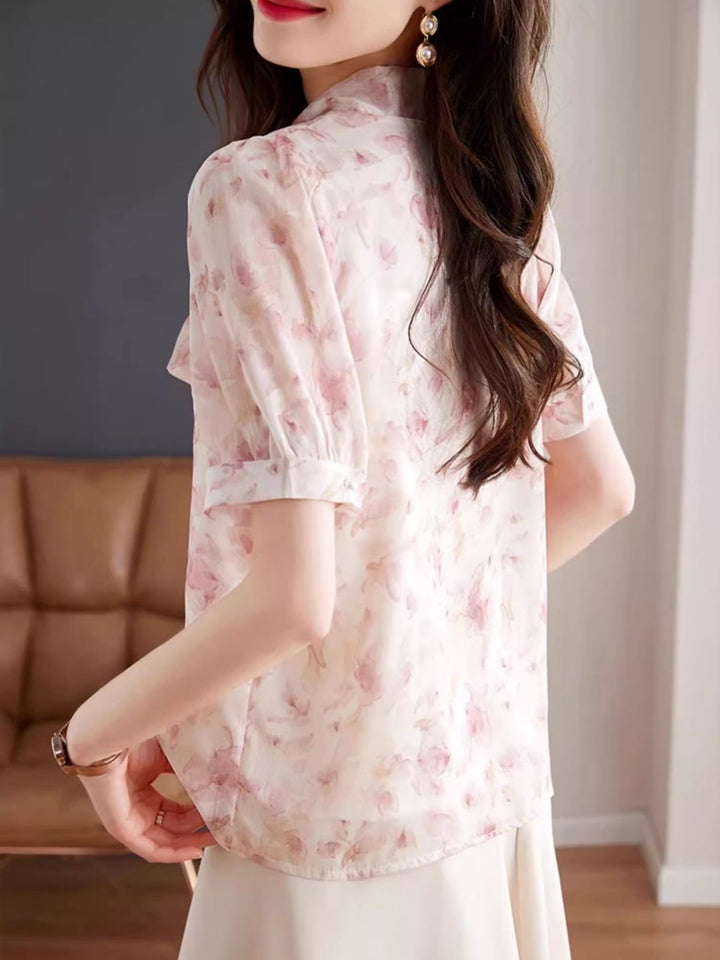 Bow Tie Floral Chiffon Shirt