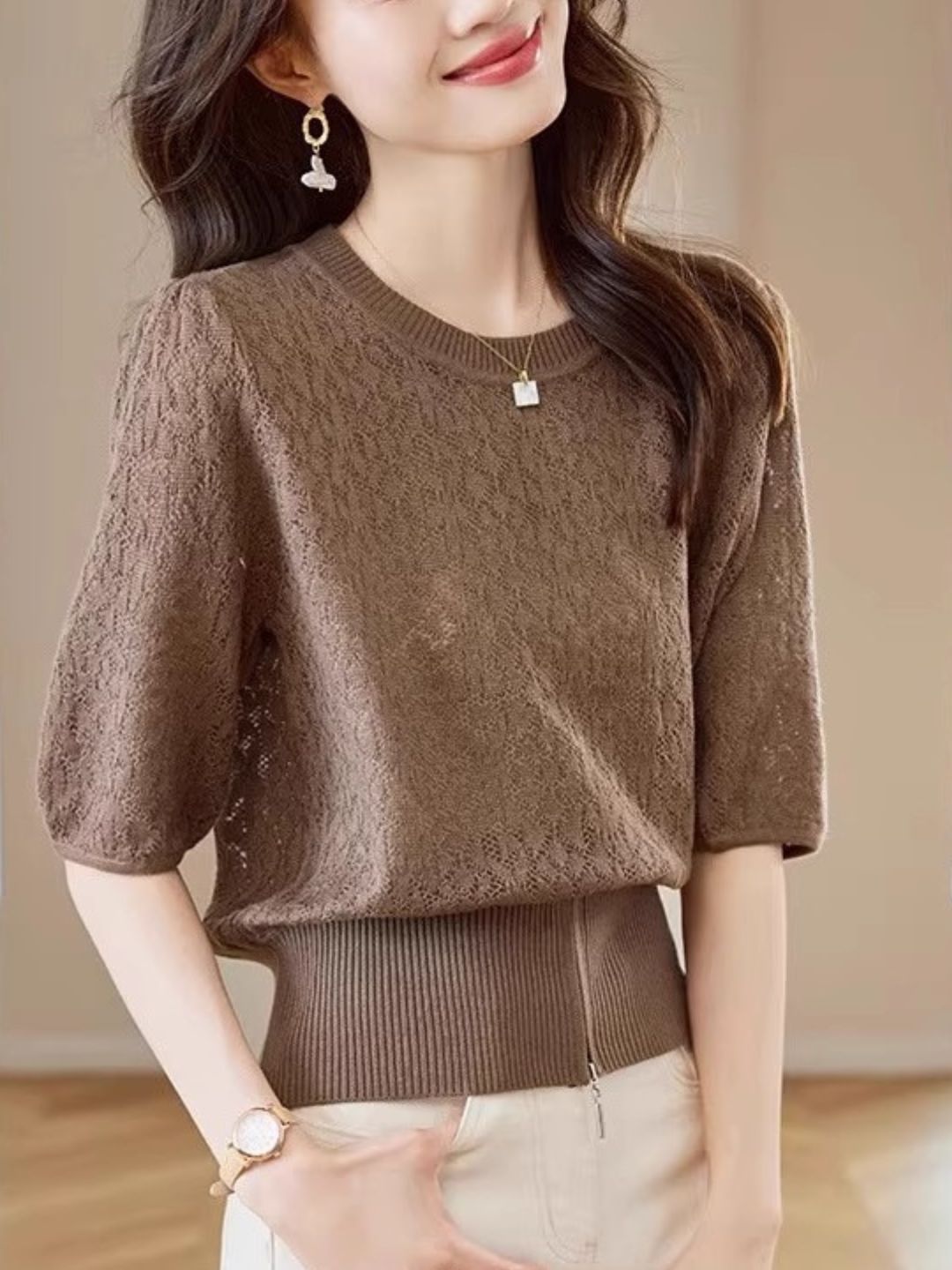 Short Cut Out Light Knit Cardigan - Pink