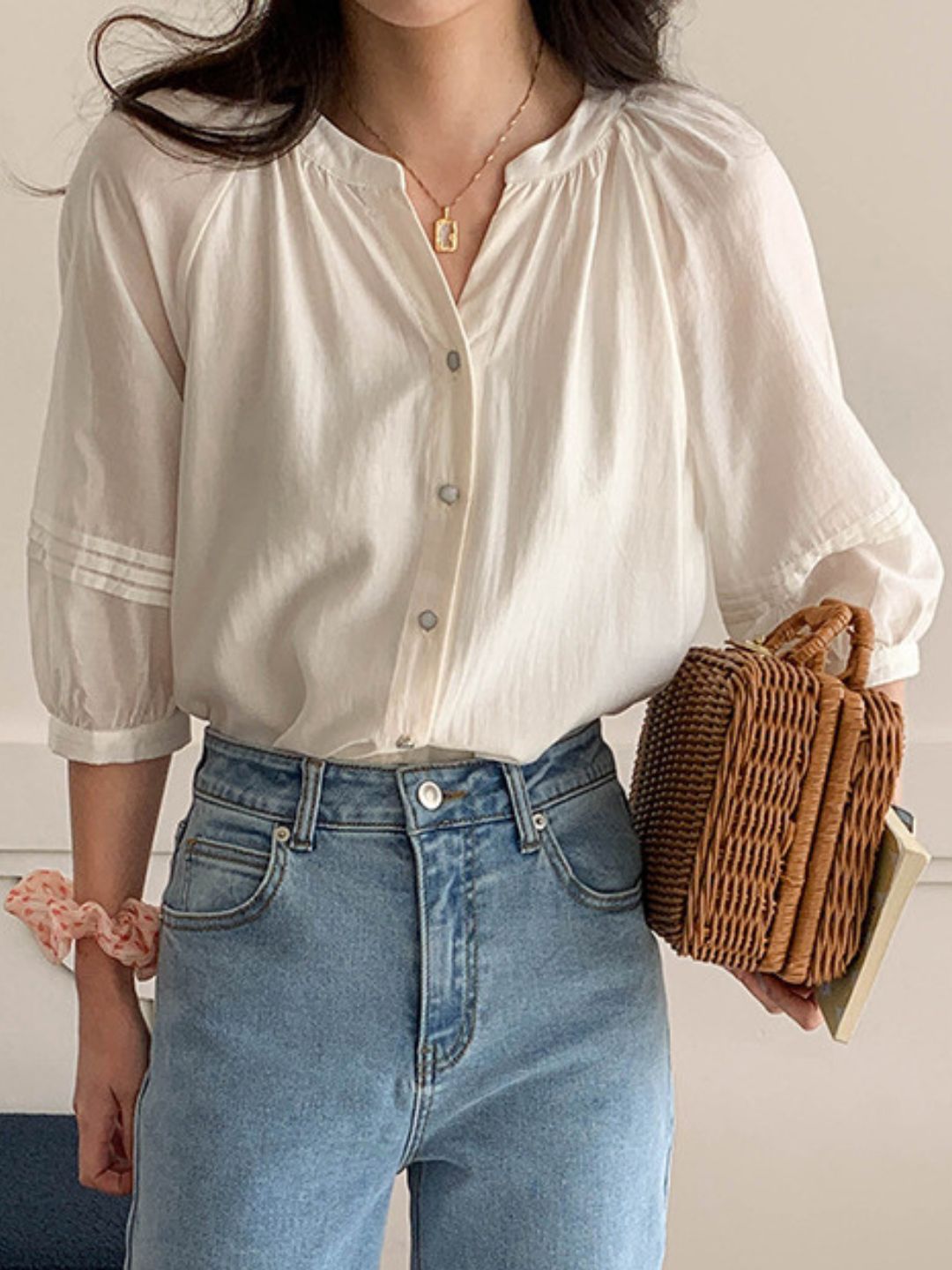 Casual V-Neck Pleated Top