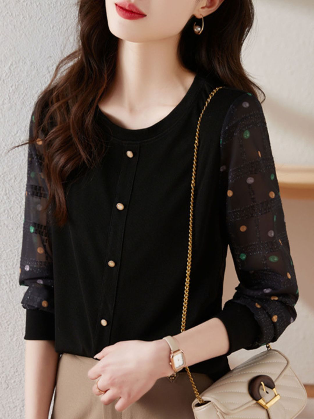 Polka Dot Long Sleeve Knit Top