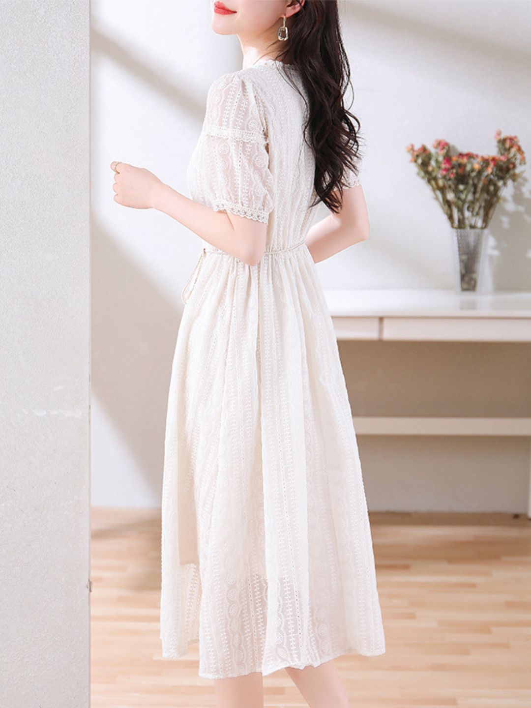 V-Neck Beige Lace Dress