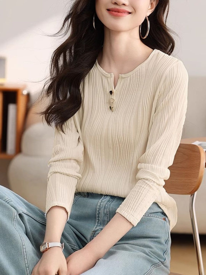 Heart Button Round Neck Long Sleeve Top