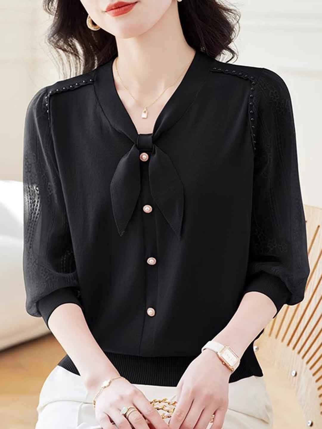 V-Neck Puff Sleeve Bow Lace Knitted Top