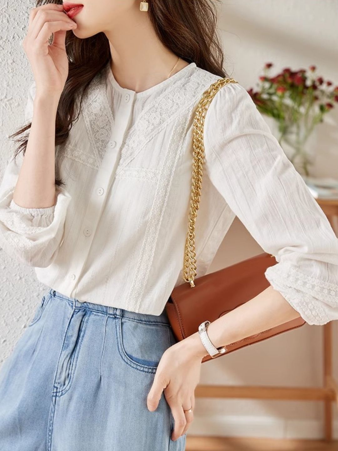 Versatile Lace Long Sleeve Shirt - Red