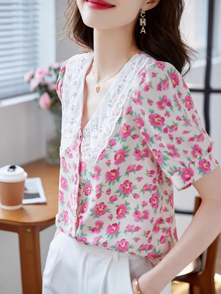 Classic Floral Printed Beaded Chiffon Shirt -Pink