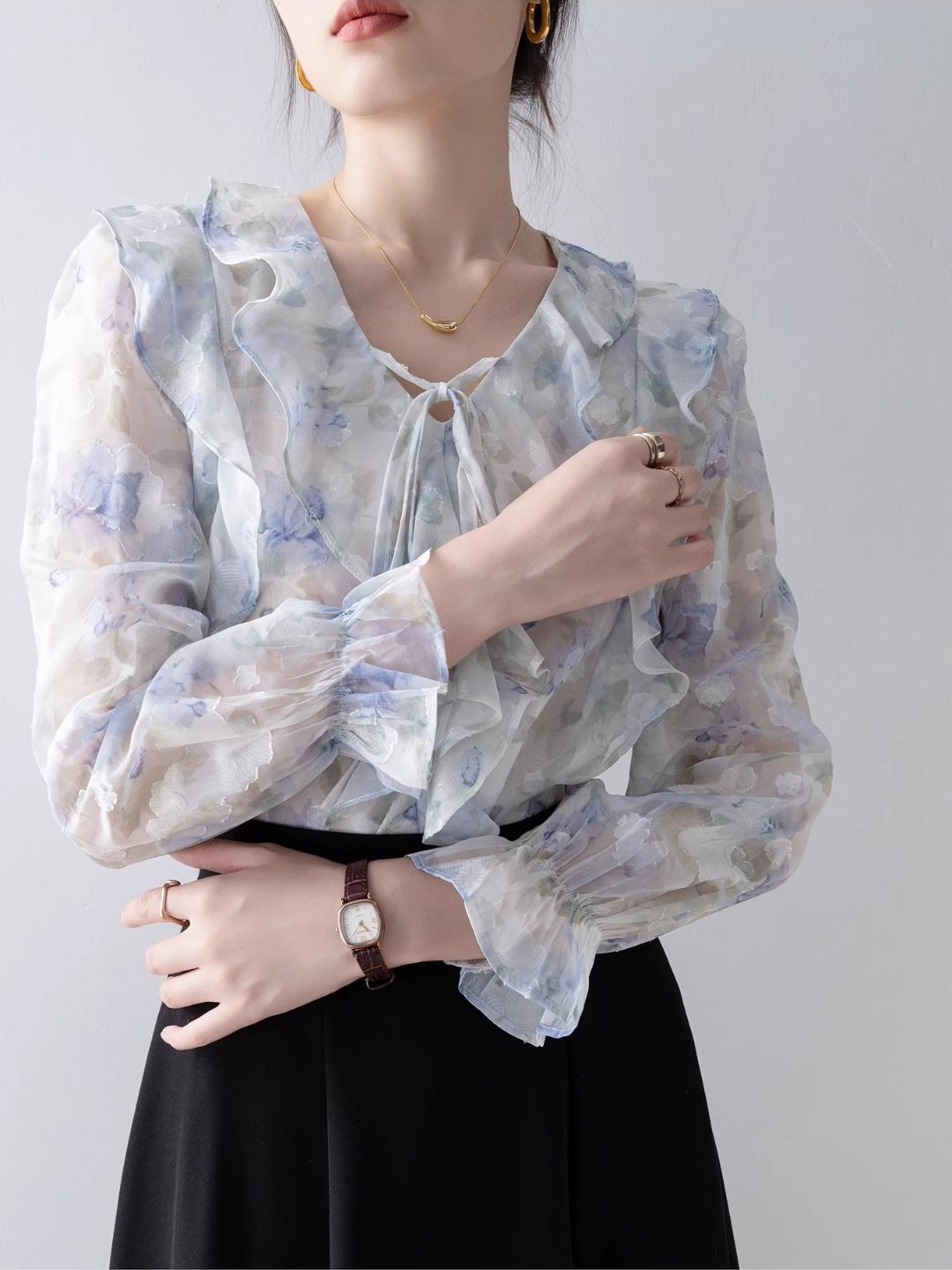 Elegant V-Neck Printed Chiffon Top