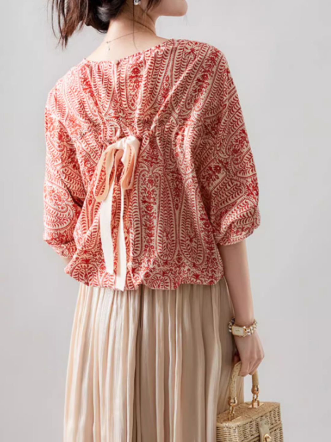 Casual Back Bow Printed Blouse - Red