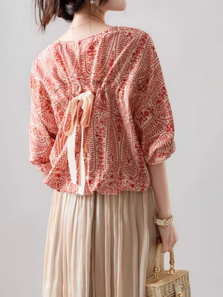 Casual Back Bow Printed Blouse - Red