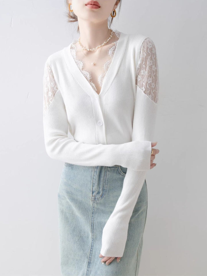 Slim Off-shoulder Lace Knitted Top