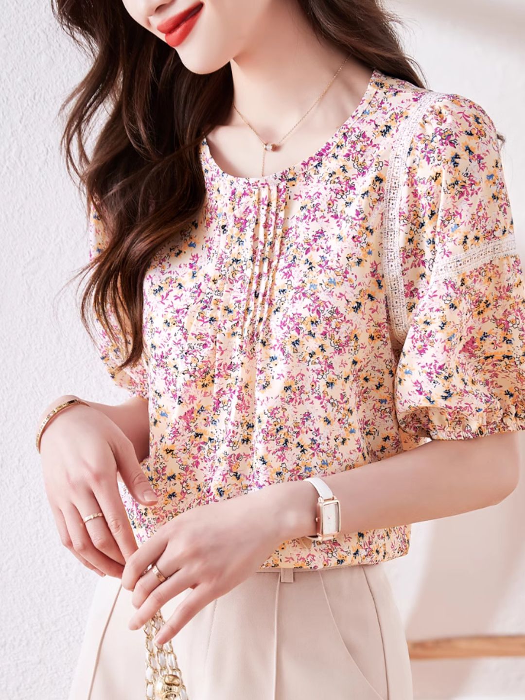 Round Neck Floral Puff Sleeve Chiffon Shirt - Green