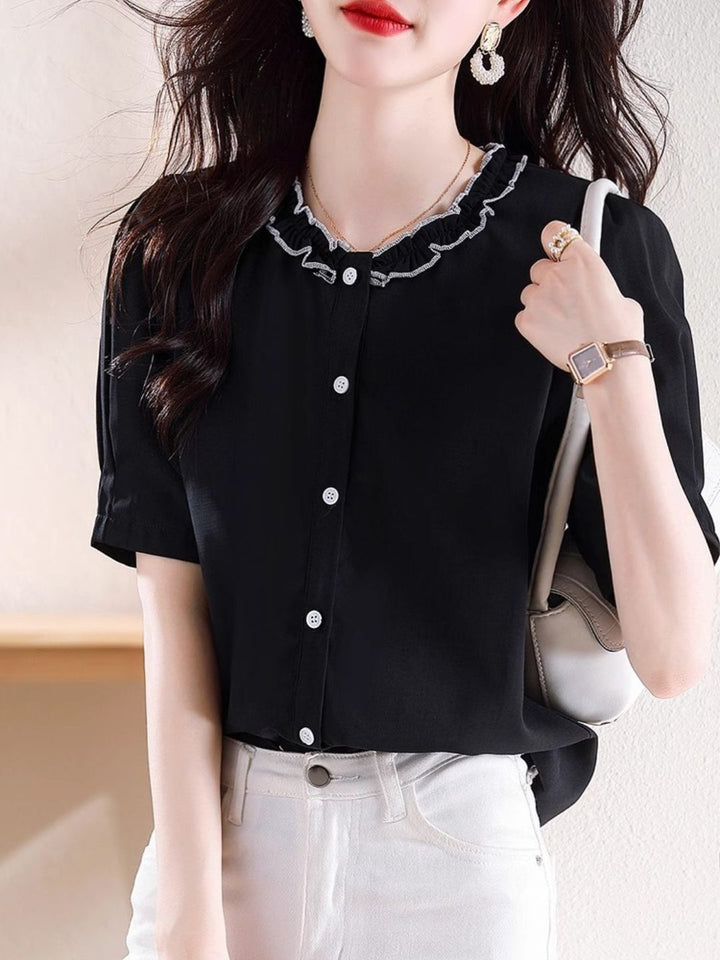 Versatile Chiffon Short-sleeved Shirt - Black