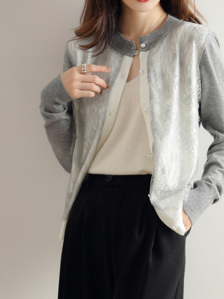 Crew Neck Lace Knit Sweater - Black