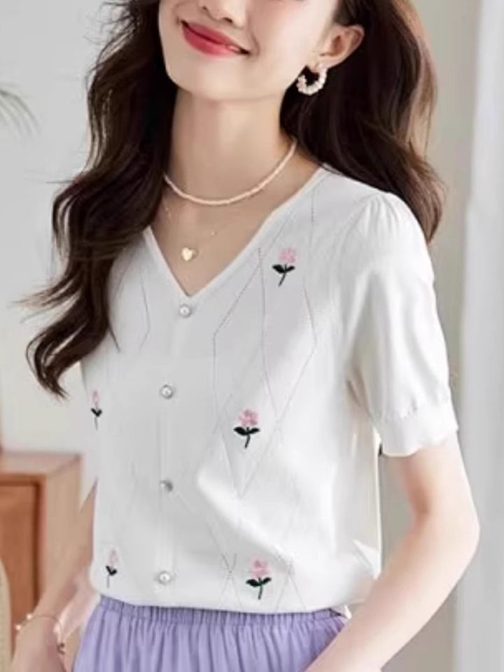 V-Neck Knitted Top With Hollow Embroidery