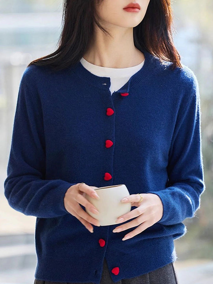 Elegant Crew Neck Heart Button Knitted Cardigan
