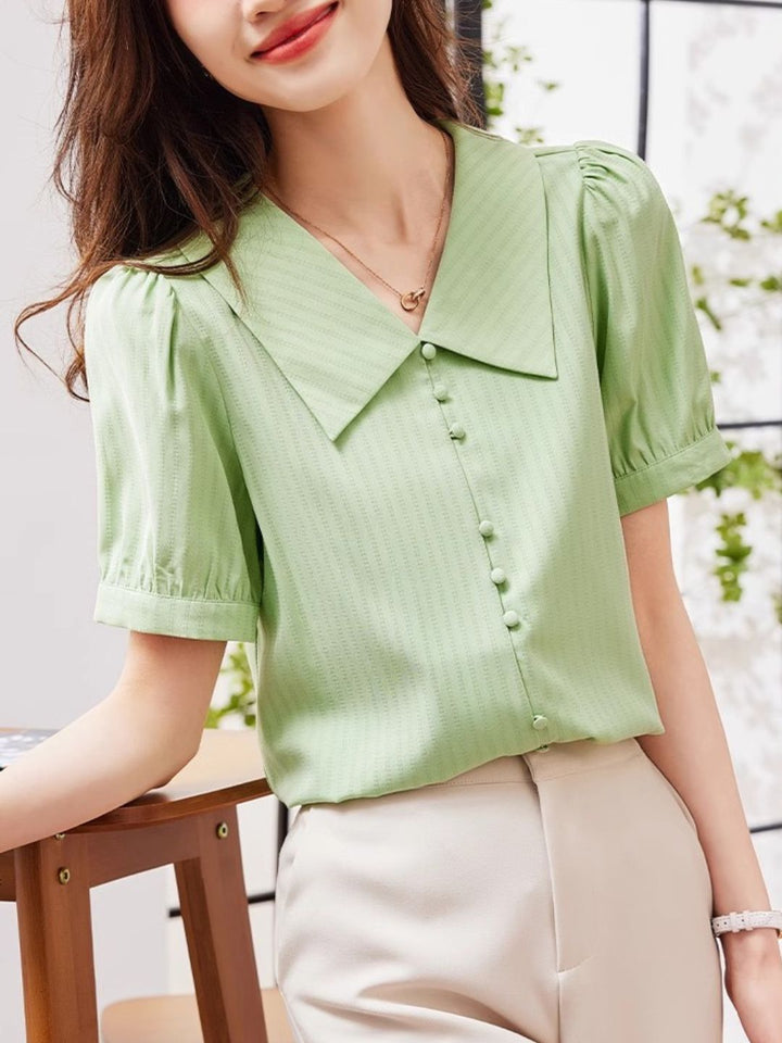 Green V-neck Puff Sleeve Top