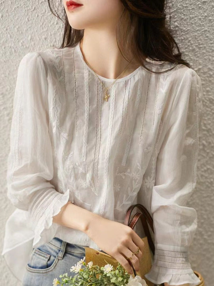 Classic Embroidered Round Neck Puff Sleeve Top