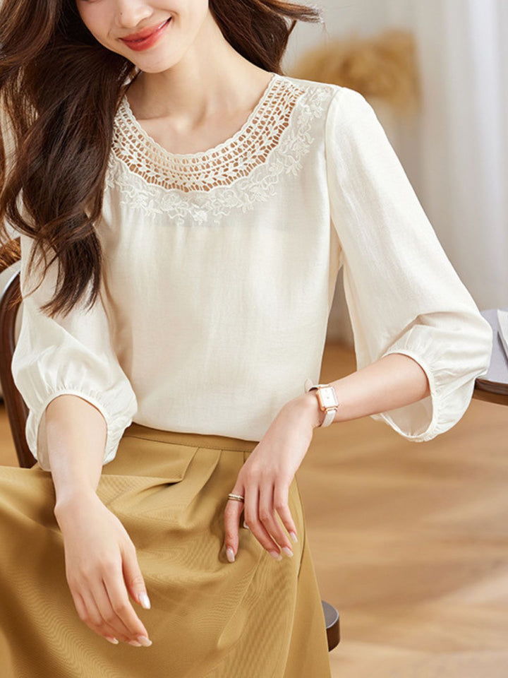 Retro Round Neck Solid Color Hollow Top