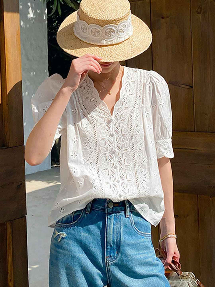 Elegant V-Neck Puff Sleeve Embroidered Top