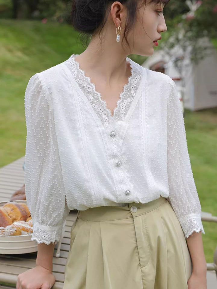 V-neck Chic Lace Chiffon Shirt