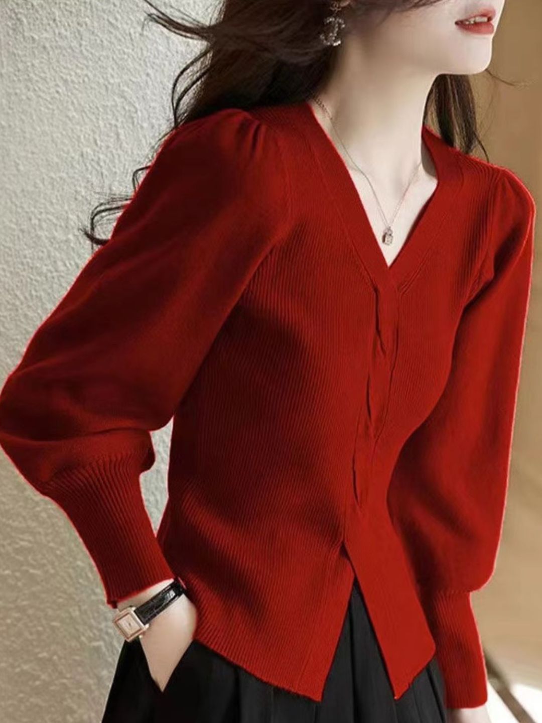 V-neck Puff Sleeve Sweater