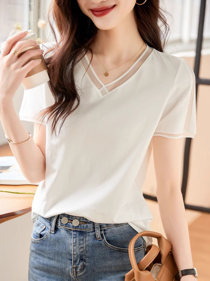 All-match V-neck White Short-sleeved