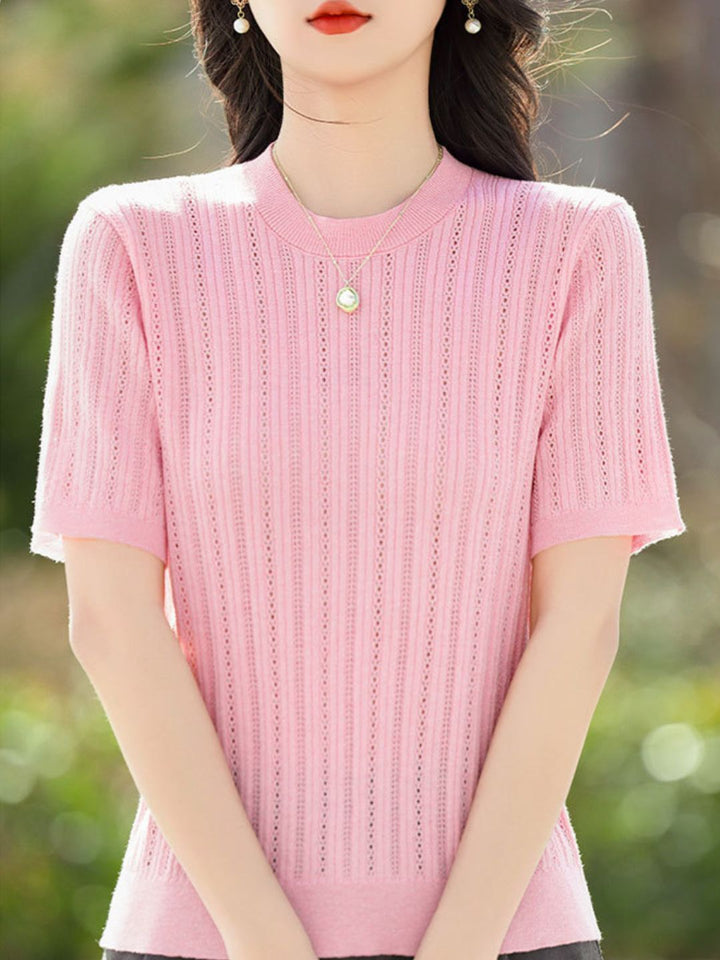 Solid Color Round Neck Thin Knitted Top - Blue