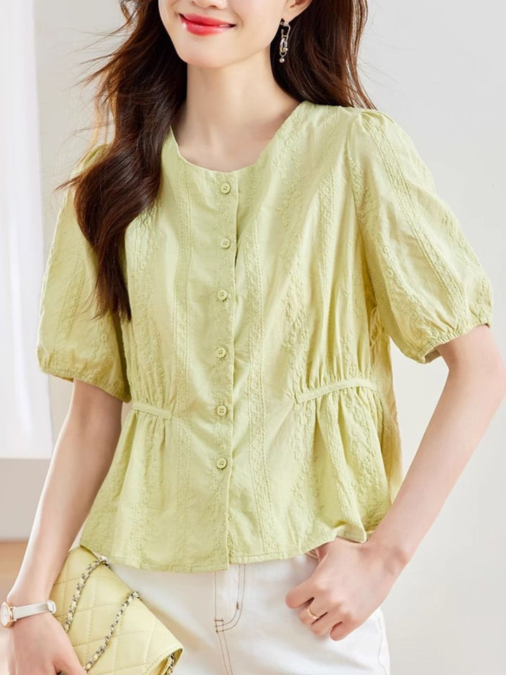 Round Neck Embroidered Shirt - Green