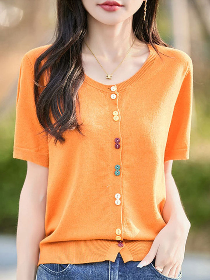 Colorful Button-Down Knitted Short-Sleeved Top