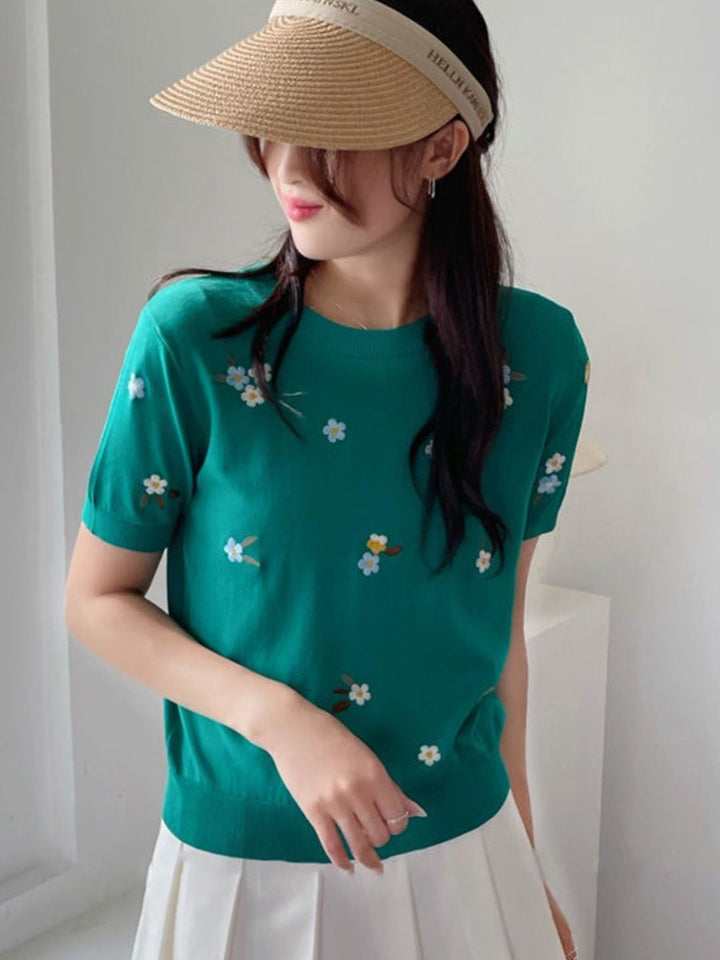 Crew Neck Embroidered Knitted Short Sleeves - Pink