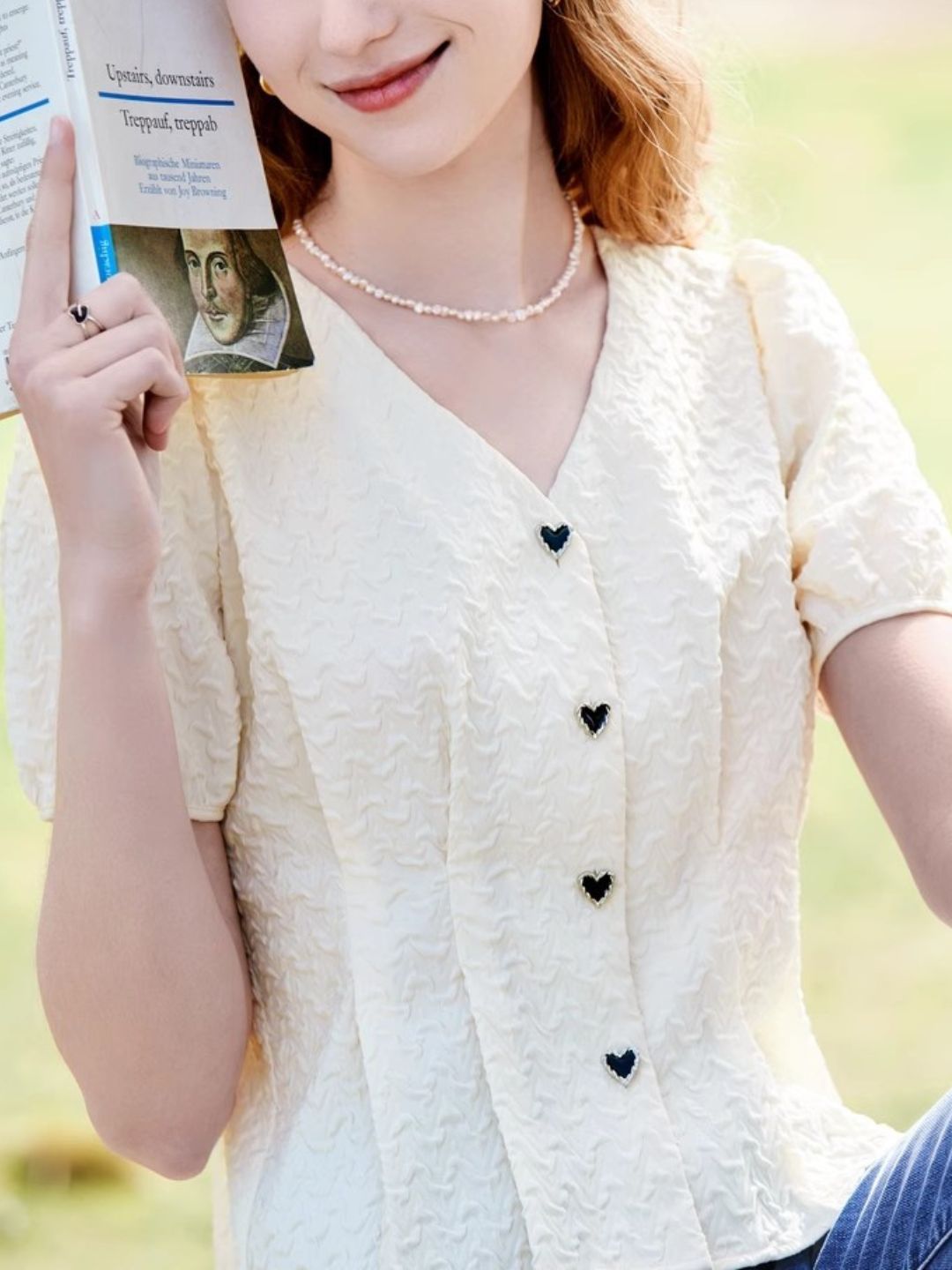 Heart Button V-neck Shirt