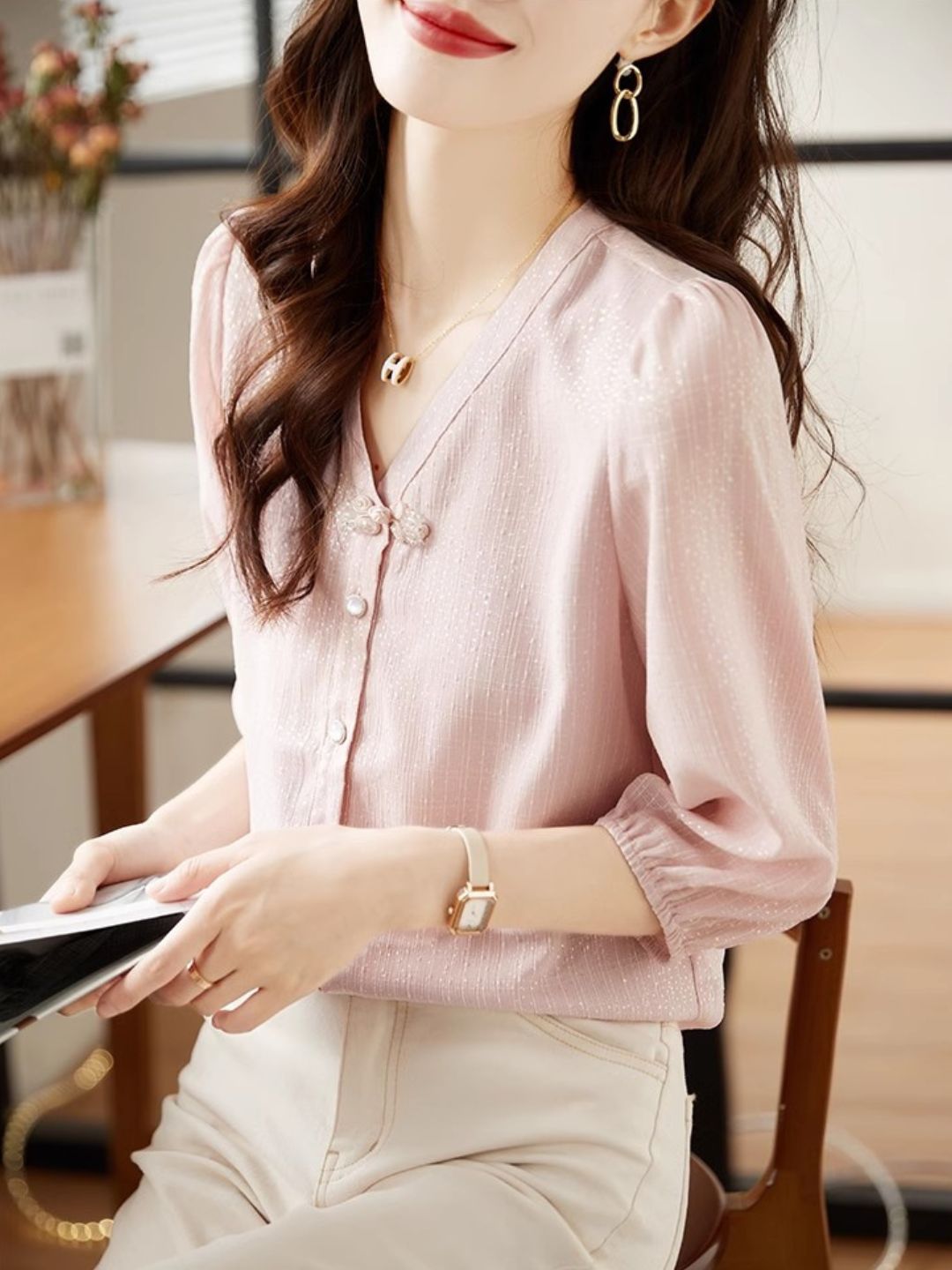 V-Neck Chiffon Shirt - Pink