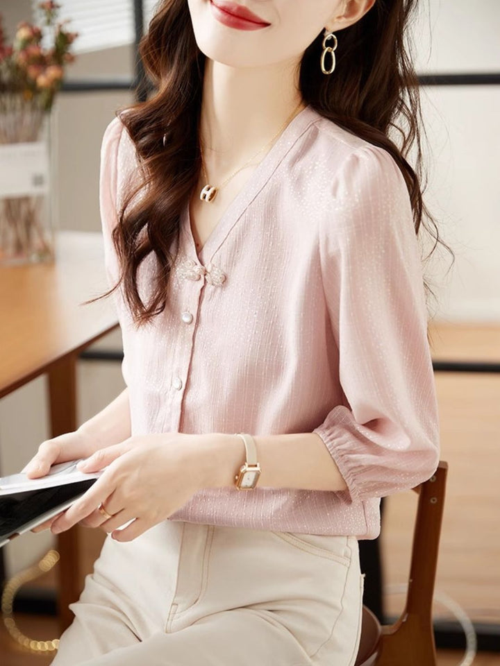 V-Neck Chiffon Shirt - Pink