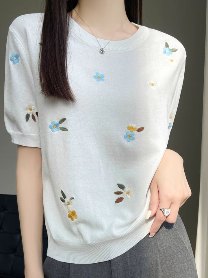 Crew Neck Embroidered Knitted Short Sleeves - Pink