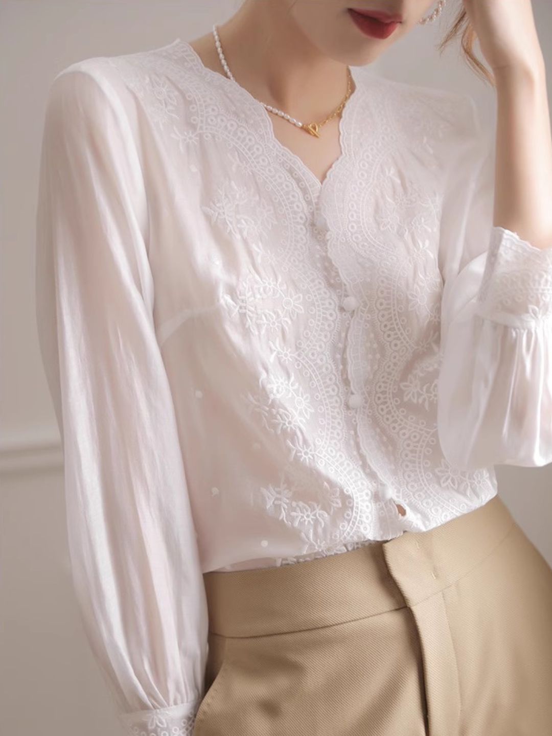 Embroidered lace V-neck Shirt Top