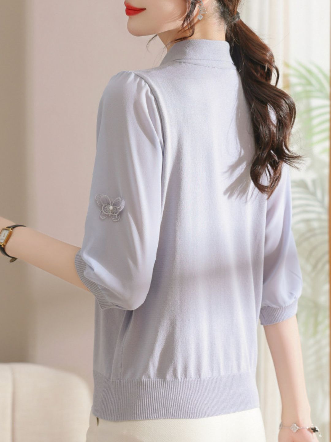 Ribbon Scarf Collar Gauze Sleeve Knitted Top