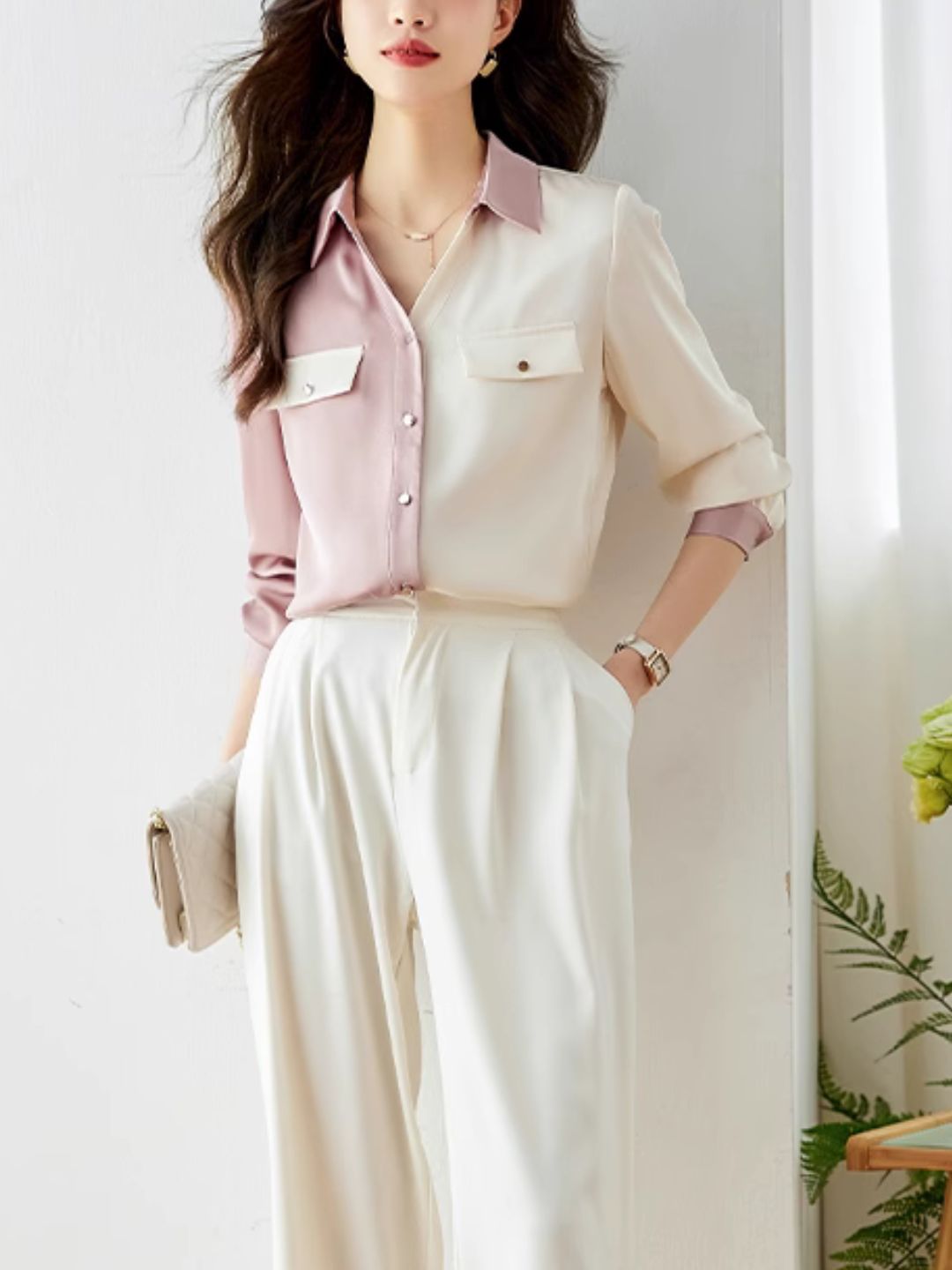 Versatile Contrast Color Shirt-Green