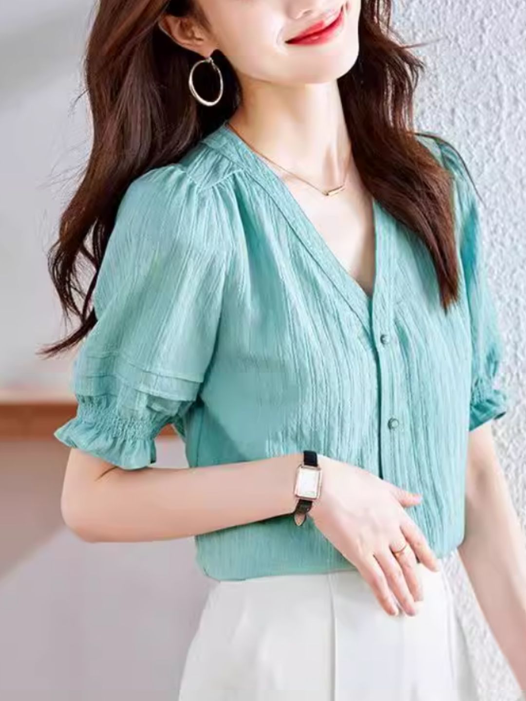 French V-neck Puff Sleeve Shirt - Purple