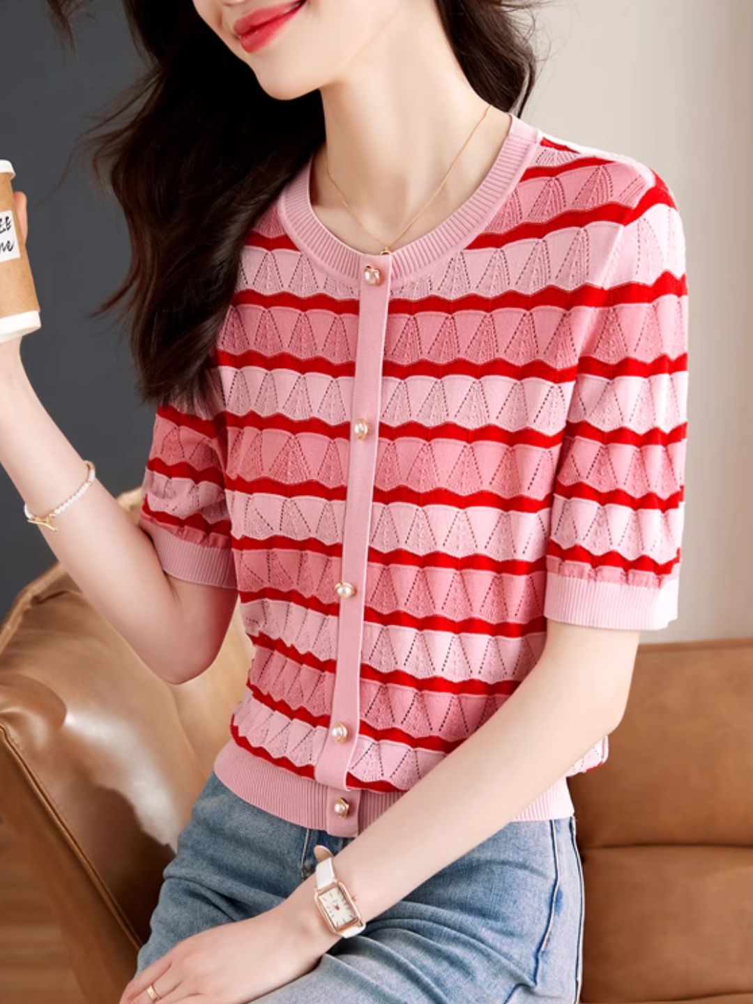 Hollow Striped Short-sleeved T-shirt