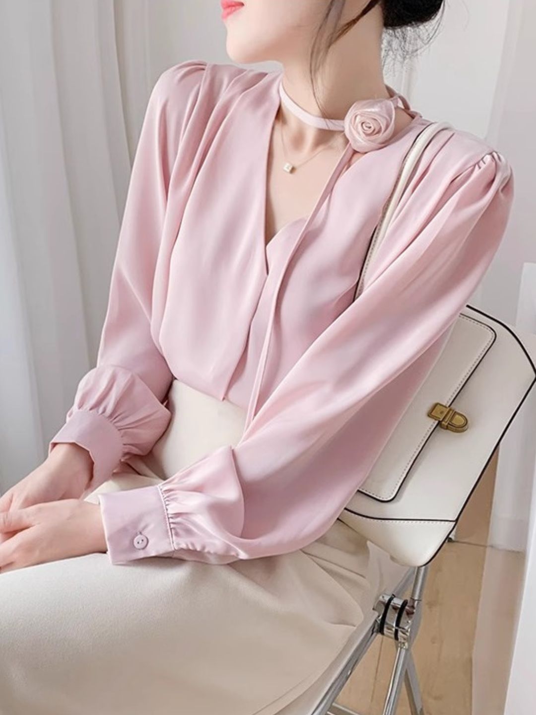 Gentle Style Rose Halter Neck Chiffon Shirt