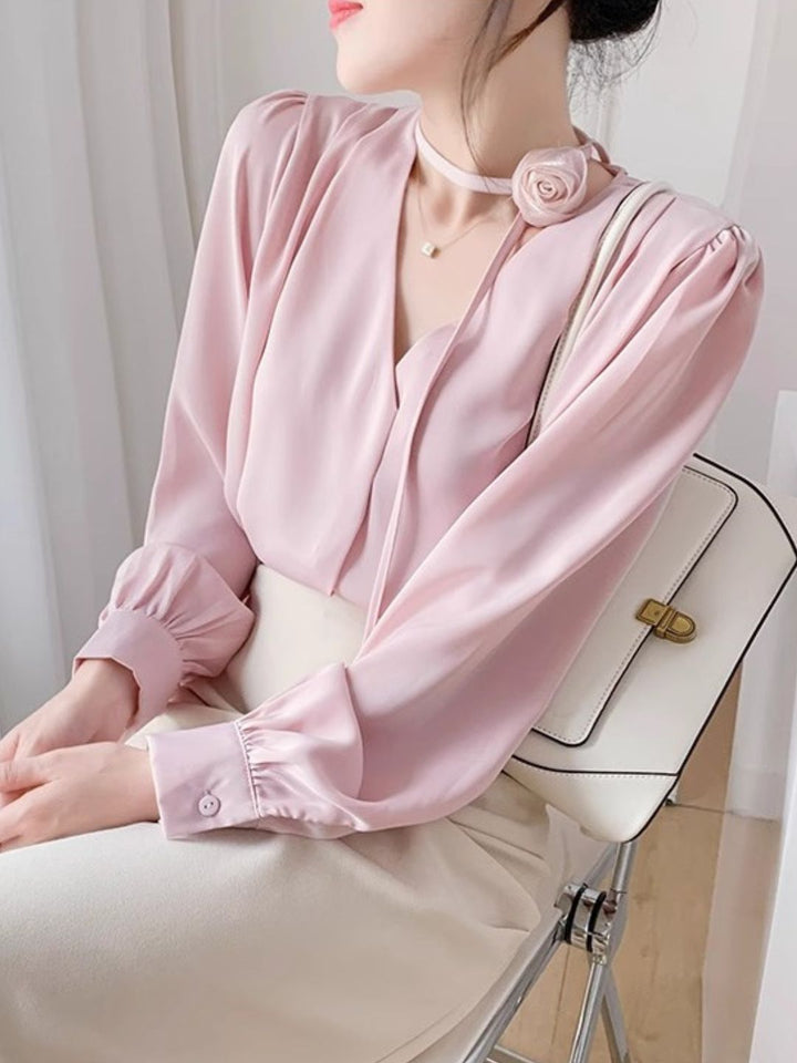 Gentle Style Rose Halter Neck Chiffon Shirt