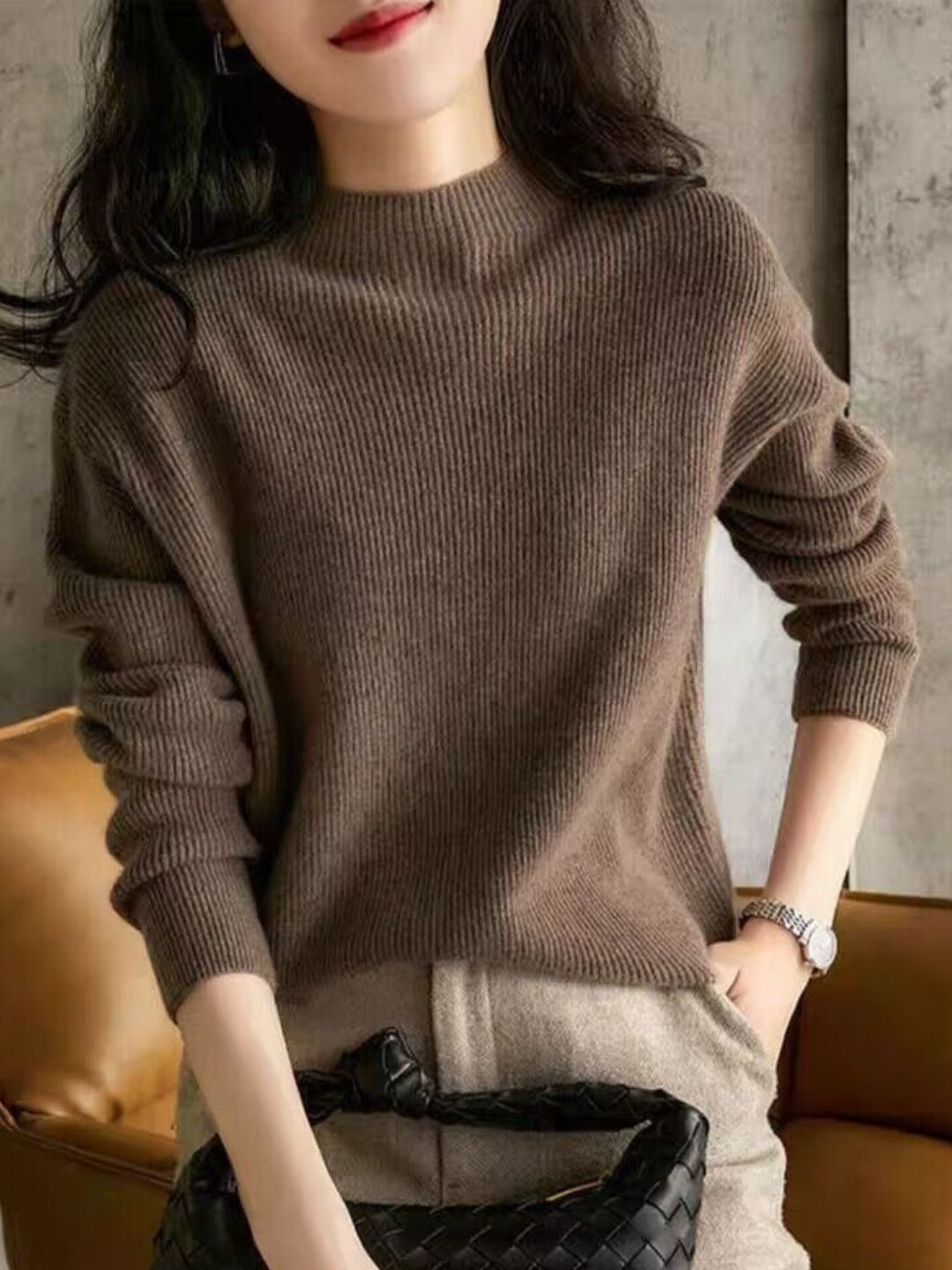Solid Color High Collar Knit Top