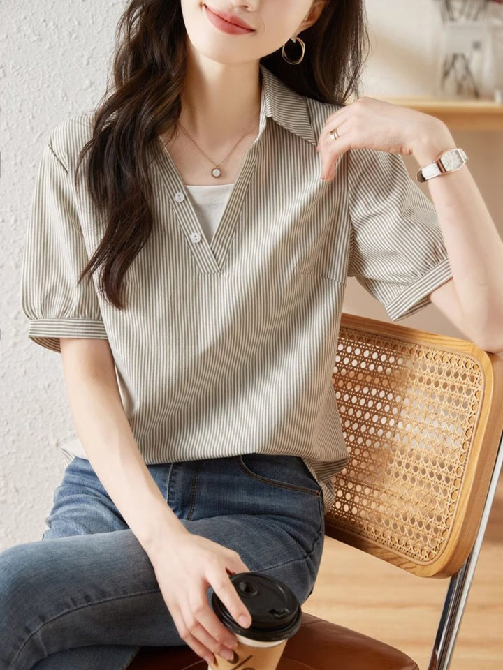 Striped Short-sleeved Lapel Shirt - Green