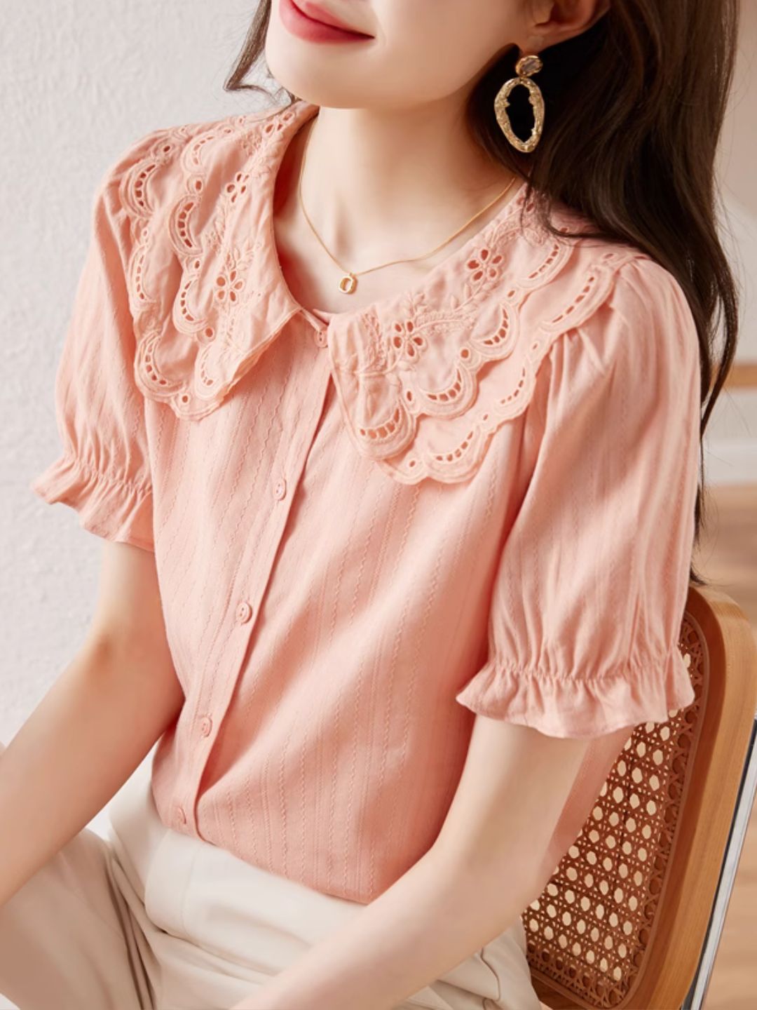French Lace Double Collar Puff Sleeve Shirt - Pink
