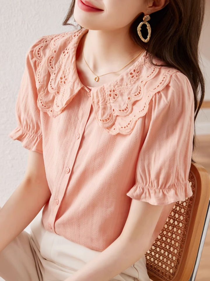 French Lace Double Collar Puff Sleeve Shirt - Pink