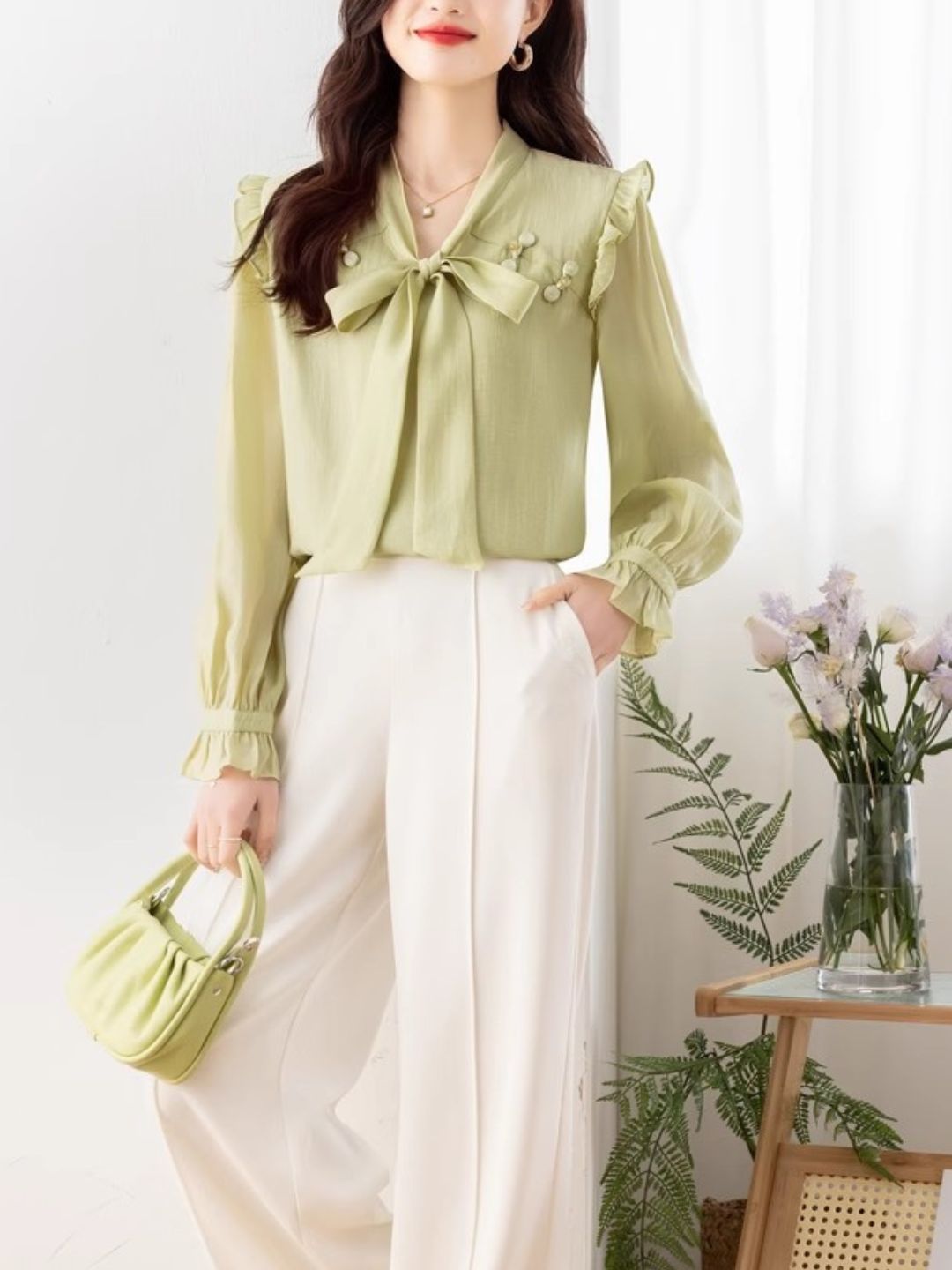 Chic Bow Chiffon Shirt - Green