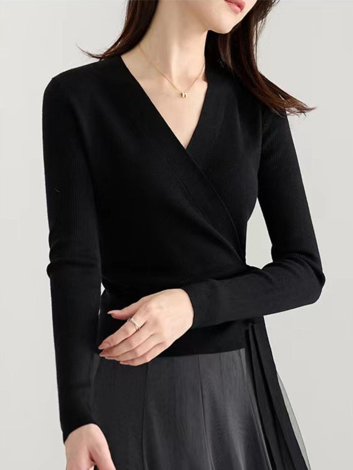 Crossover V-neck Tie Sweater