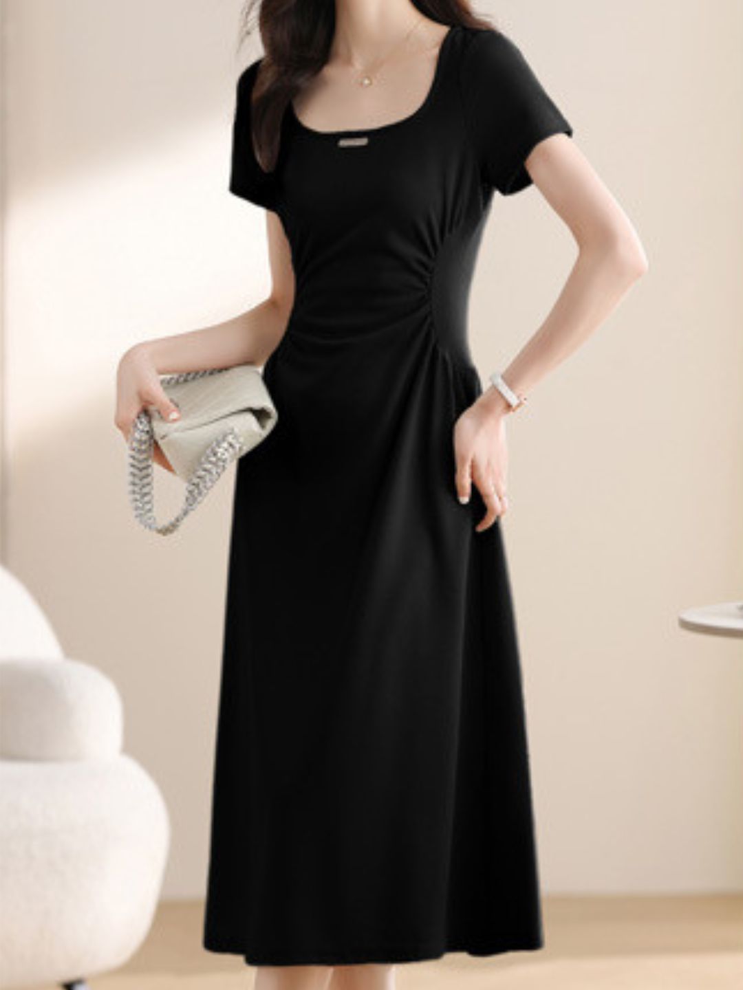 Solid Color Square Neck Dress